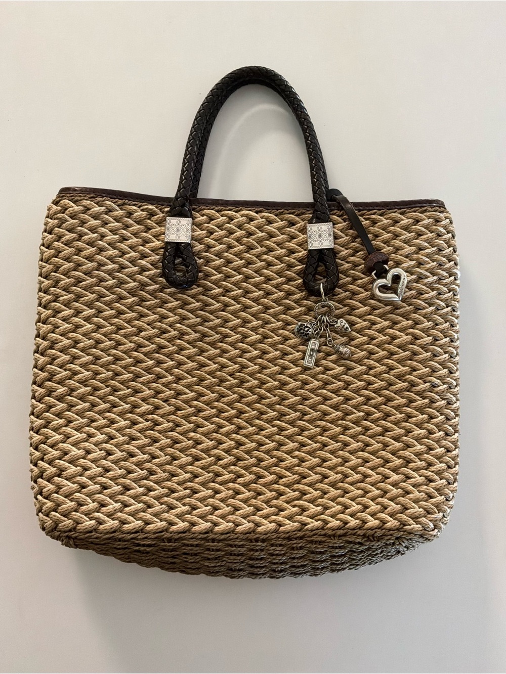 Brighton Woven jute Straw Tote Bag with Dark Brown Tones Handles